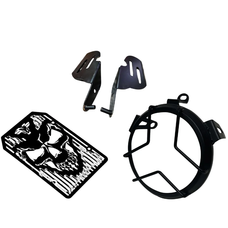 Full accessory kit including radiator guard, headlight grill, and wide footrests for Jawa 42 Bobber.
