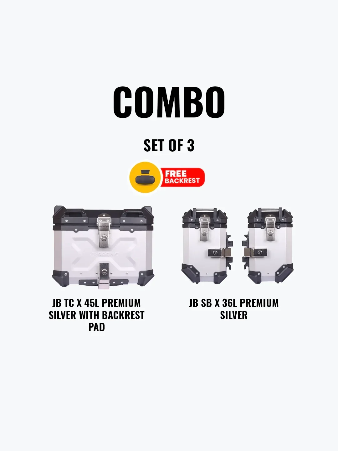 Jb Racing Set Of 3 Combo Of JB TC 45L Silver Premium With Backrest Pad + JB SB X 36L Premium Silver