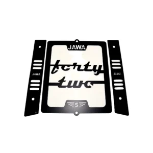 Stainless steel radiator grill installed on Jawa 42 Bobber motorcycle