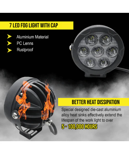 LIU HJG 7 LED Round White Fog Light With Yellow Cap (70W) With Wiring Kit Harness And Adjustable Lumens Switch Spot Driving Lamp Universal for Car, Bike (Pack Of 2) - Image 5