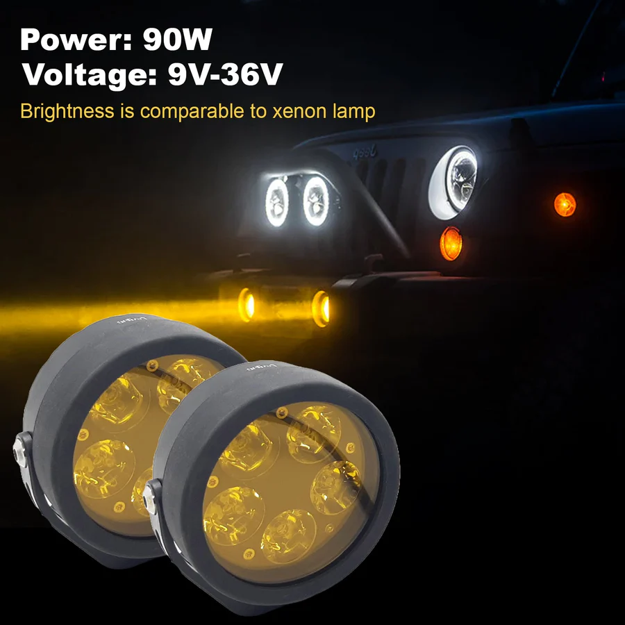 HJG 90W 5-LED Round White Fog Light With Yellow Cap Versatile Spot Driving Lamps for Cars, Trucks, Bikes, and Motorcycles (Set of 2) - Image 3