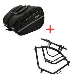 Black premium leather saddle bags with heavy-duty mounting stay installed on a Jawa 42 Bobber.