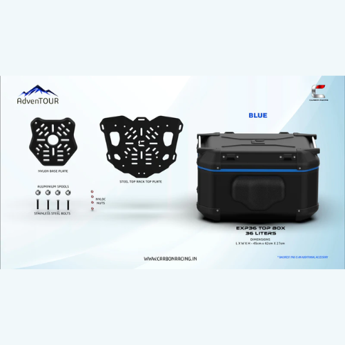 Carbon Racing AdvenTOUR Explorer-Pro Top Box-36 Liters(EXP36)+With Universal Mounting Kit(UTRK01)- Black Blue