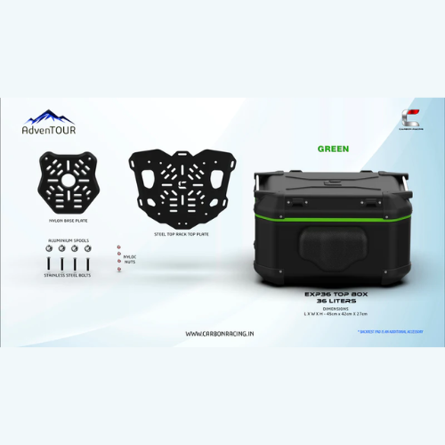 Carbon Racing AdvenTOUR Explorer-Pro Top Box-36 Liters(EXP36)+With Universal Mounting Kit(UTRK01)- Black Green