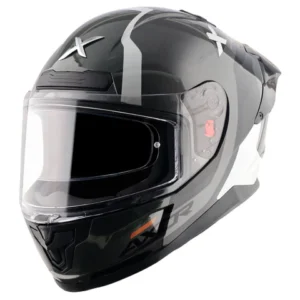 Axor Saber Spark Black Grey full-face helmet featuring a panoramic visor and polycarbonate ducktail spoiler.