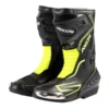 Axor Slipstream black and neon green motorcycle racing boots with shin protection and steel toe sliders.