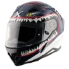Axor Hunter full-face helmet in dull blue and white with fierce shark graphics and rear ducktail spoiler.