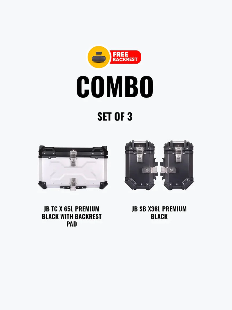 Jb Racing Set Of 3 Combo Of JB TC X 65L Premium Silver With Backrest Pad + JB SB X36L Premium Black