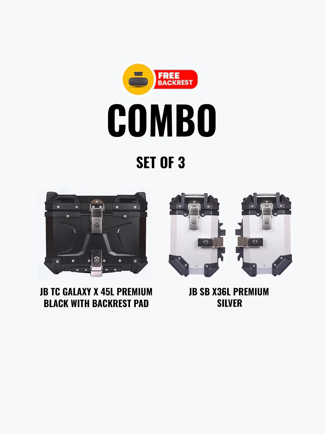 Set Of 3 Combo Of JB TC Galaxy X 45L Premium Black With Backrest Pad + JB SB X36L Premium Silver