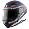 Axor Hunter full-face helmet in dull blue and white with fierce shark graphics and rear ducktail spoiler.
