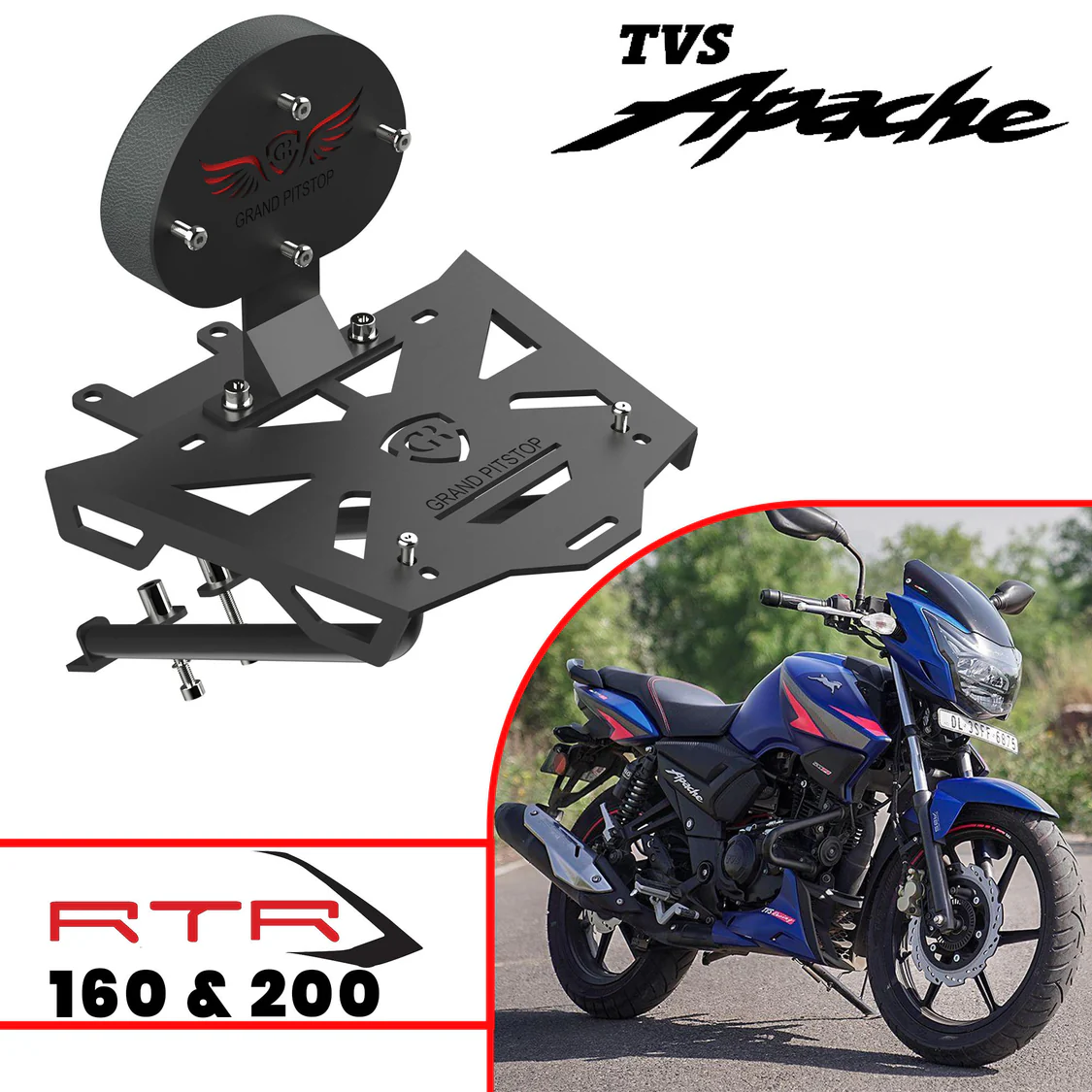 Grand PitstopTop Extended Top Rack with Plate for TVS Apache 160 and 200 - Black