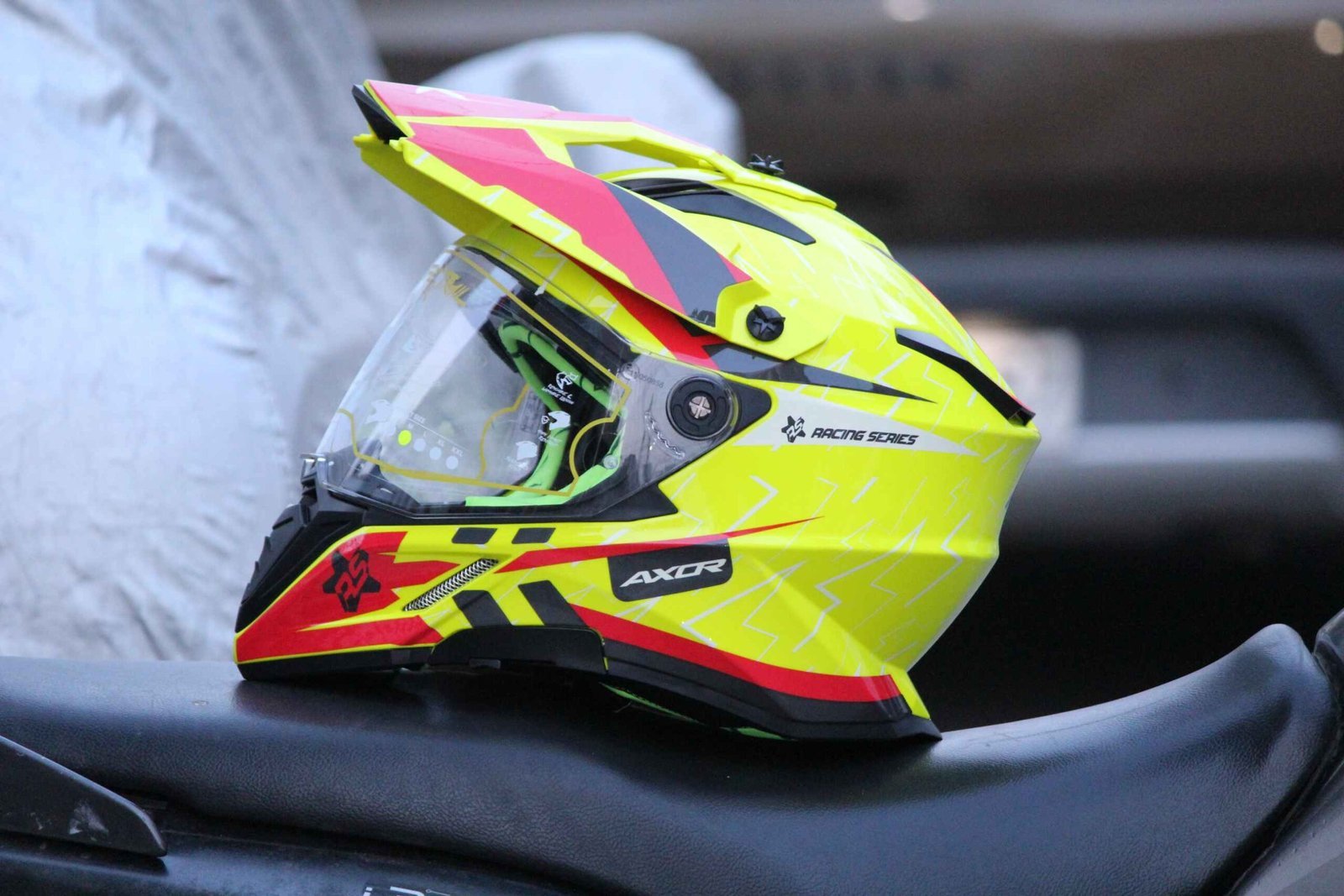 Axor X-Cross Flash Dual Visor Neon Yellow Red Moto Cross or Touring Helmet - Image 2