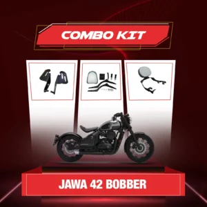 Jawa 42 Bobber equipped with a custom touring seat, metal backrest, and wide ergonomic footrests.