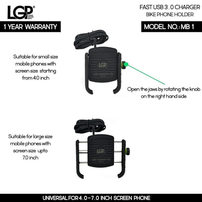 LGP Mb1 Jaw-grip Waterproof Bike/Motorcycle/Scooter Mobile Phone Holder Mount With Fast Usb 3.0 Charger, Ideal For Maps And Gps Navigation (Black)-M8-LGP02 - Image 8