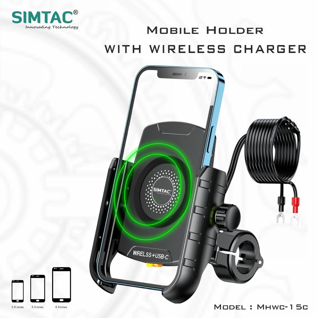 SIMTAC Mobile Holder Wireless Charger with USB C Bikes/Scooters| MHWC-15C