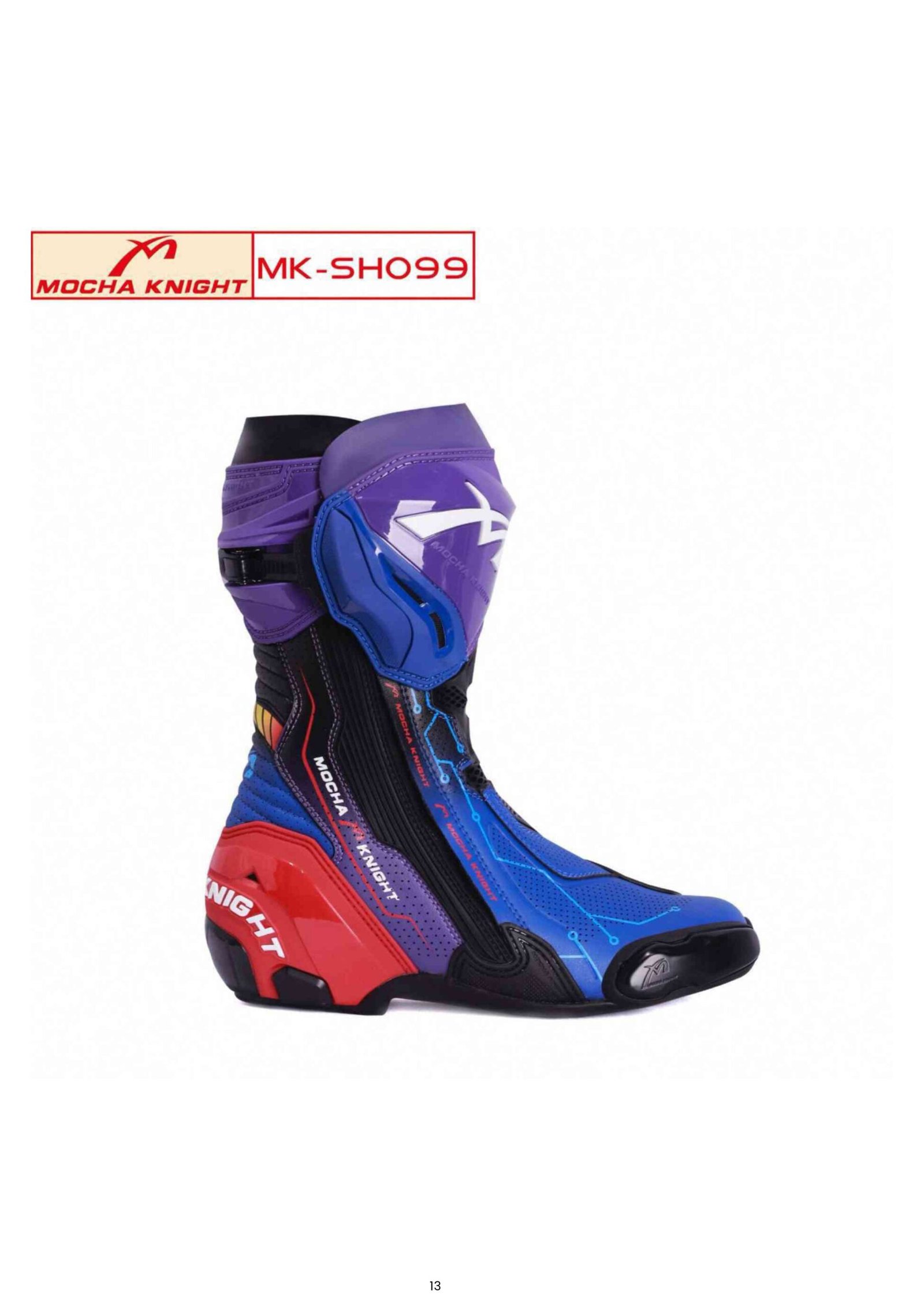 Mocha Knight Track Approved Motorcycle Riding Boot - Blue/Purple/Red