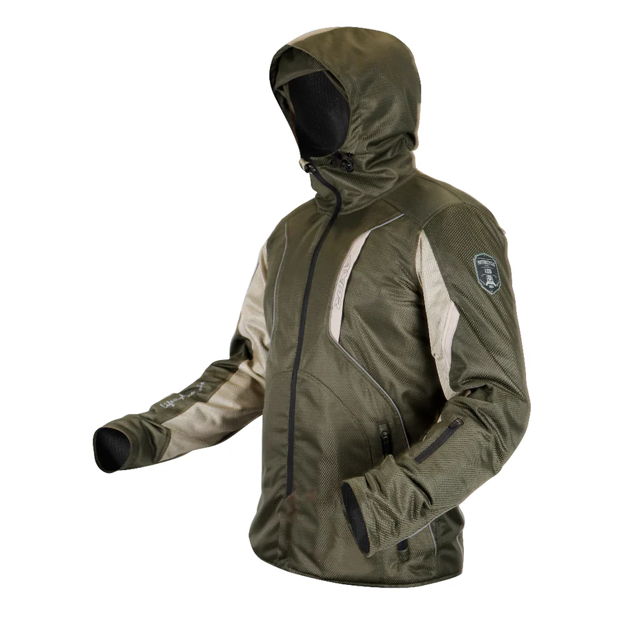 Axor X Boy Olive Green riding jacket hoodie with detachable hood and armor pockets.