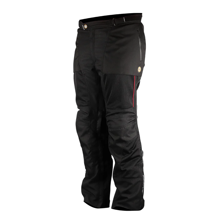 Axor Torq all-black motorcycle riding pants featuring knee and hip armor and ventilation mesh panels.