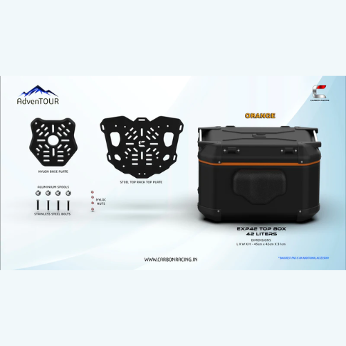Carbon Racing AdvenTOUR Explorer-Pro Top Box-42 Liters (EXP42)+Universal Mounting Kit (UTRK01)- Black Orange