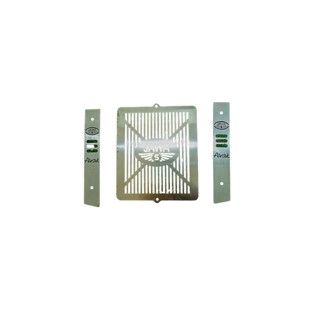 Polished stainless steel radiator grill protector installed on a Jawa 42 Bobber.