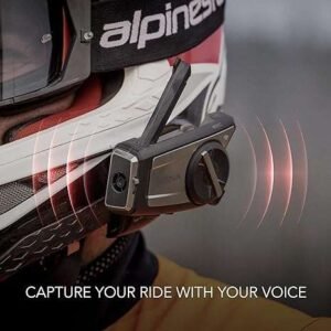SENA 50C motorcycle communication system with 4K camera and Harman Kardon speakers mounted on helmet