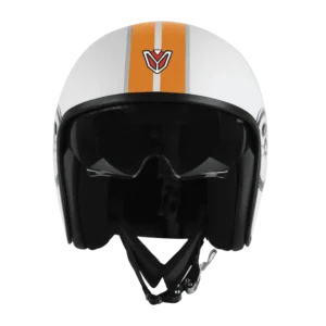 IGN-10 Retro Moto Glossy White Orange Helmet with Fiberglass Shell and Sun Visor