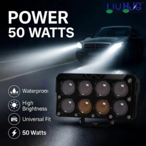 HJG 8 Lens Cube 50W LED Fog Light with Red Blue Flash Mode for Cars and Bikes