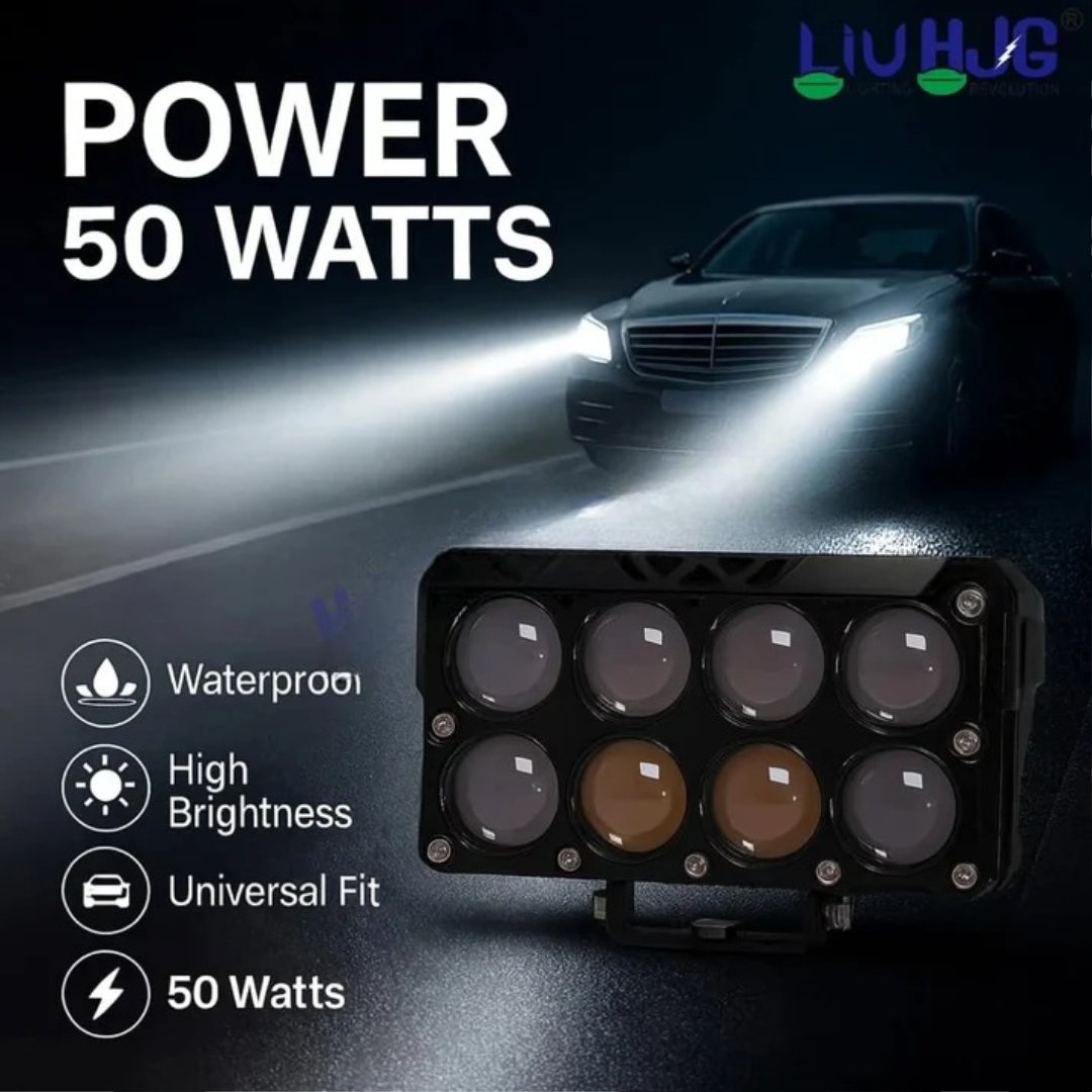 HJG 8 Lens Cube 50W LED Fog Light with Red Blue Flash Mode for Cars and Bikes