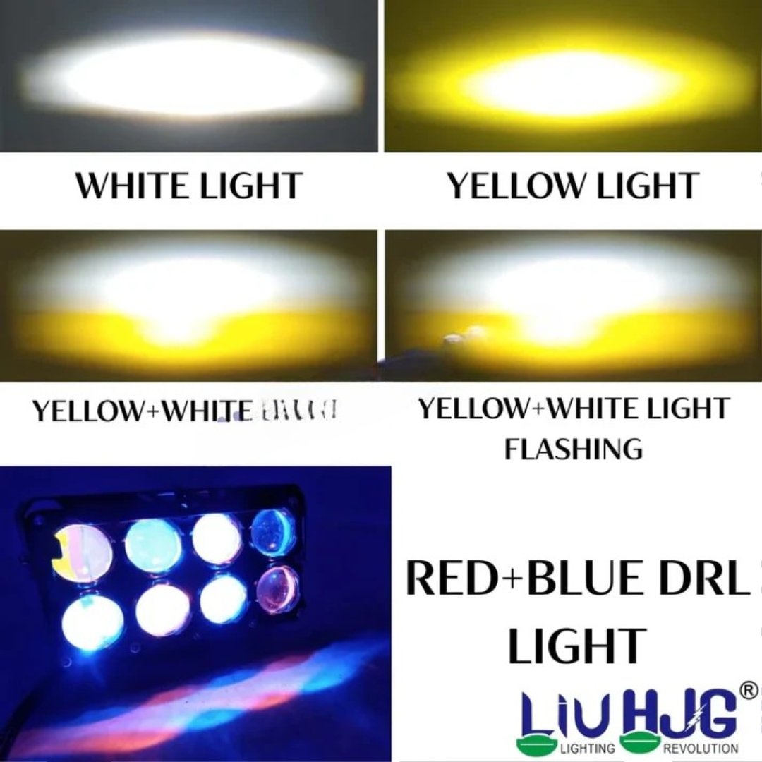 HJG 8 Lens Cube 50W LED Fog Light with Red Blue Flash Mode for Cars and Bikes