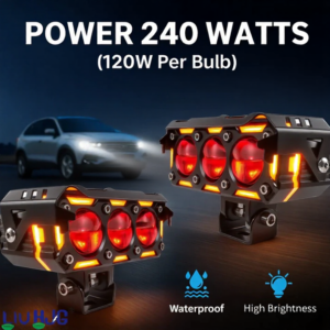 HJG Future Eyes 240W 3 Lens LED Projector Fog Light with Ring DRL for Cars and Bikes