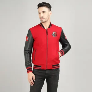 Royal Enfield Varsity Riding Jacket Red – Premium Wool & Leather Motorcycle Jacket