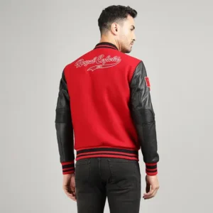 Royal Enfield Varsity Riding Jacket Red – Premium Wool & Leather Motorcycle Jacket