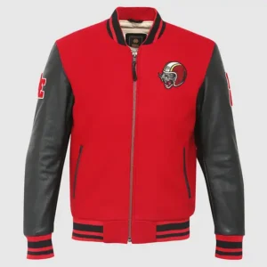 Royal Enfield Varsity Riding Jacket Red – Premium Wool & Leather Motorcycle Jacket