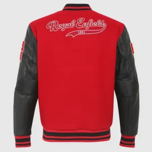 Royal Enfield Varsity Riding Jacket Red – Premium Wool & Leather Motorcycle Jacket
