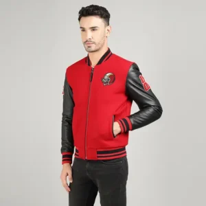 Royal Enfield Varsity Riding Jacket Red – Premium Wool & Leather Motorcycle Jacket