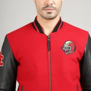 Royal Enfield Varsity Riding Jacket Red – Premium Wool & Leather Motorcycle Jacket