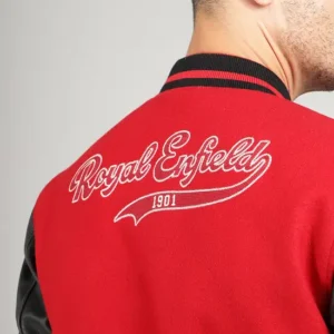 Royal Enfield Varsity Riding Jacket Red – Premium Wool & Leather Motorcycle Jacket