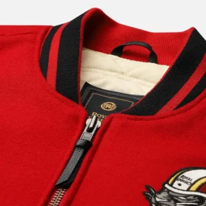 Royal Enfield Varsity Riding Jacket Red – Premium Wool & Leather Motorcycle Jacket