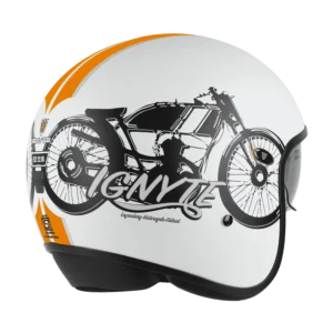 IGN-10 Retro Moto Glossy White Orange Helmet with Fiberglass Shell and Sun Visor