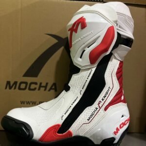 Mocha Knight Track Approved Motorcycle Riding Boots White Red CE Certified