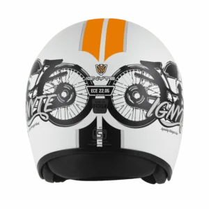 IGN-10 Retro Moto Glossy White Orange Helmet with Fiberglass Shell and Sun Visor