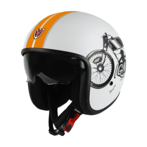 IGN-10 Retro Moto Glossy White Orange Helmet with Fiberglass Shell and Sun Visor