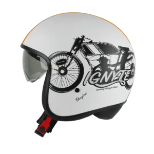 IGN-10 Retro Moto Glossy White Orange Helmet with Fiberglass Shell and Sun Visor