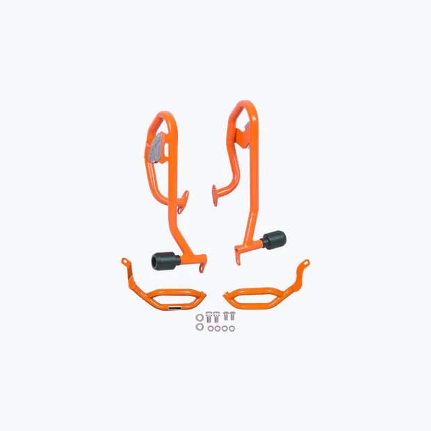 Legundary Defender Crash Guard Orange installed on KTM 390 Enduro R for engine protection