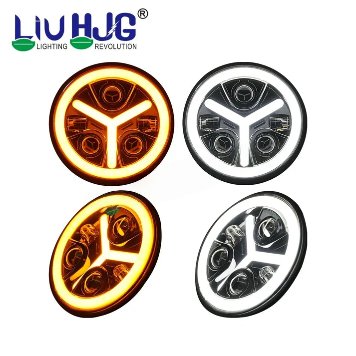 HJG 7 Inch Projector LED Headlight Assembly with White and Yellow DRL for Royal Enfield and Mahindra Thar