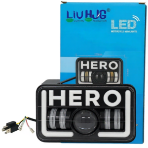 HJG LED motorcycle headlight with white beam and Indian tricolor DRL for Hero Splendor and Royal Enfield