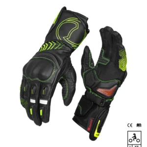 Rynox Advento Pro Gloves Black Hi-Viz Green full gauntlet CE certified riding gloves with FAST-R slider