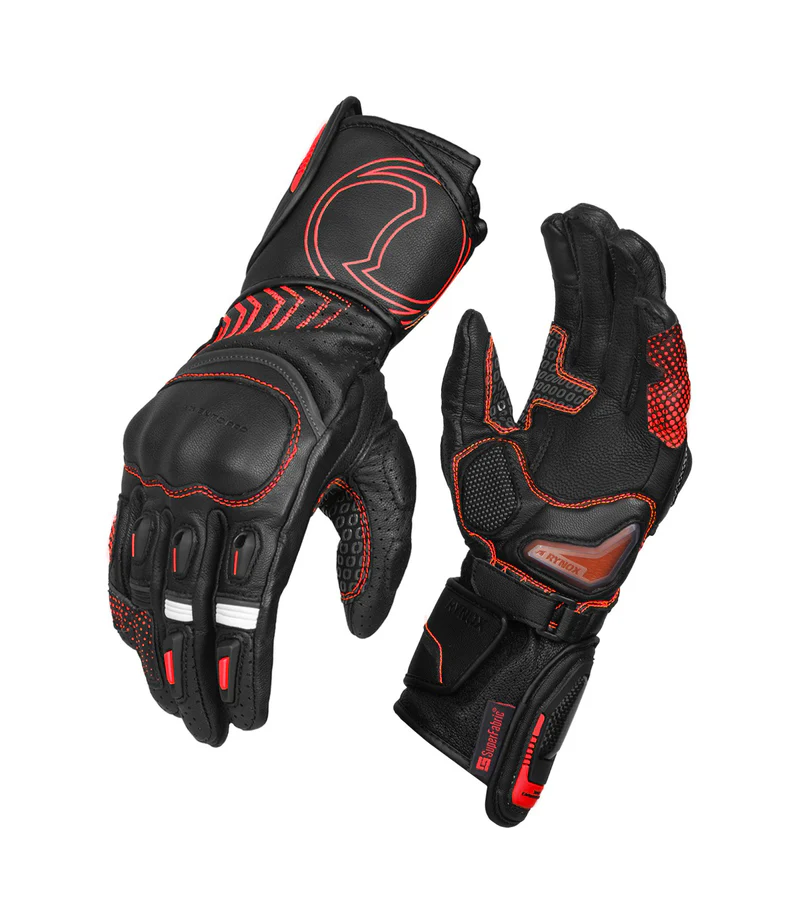 Rynox Advento Pro Gloves Black Red full gauntlet CE certified riding gloves with FAST-R slider