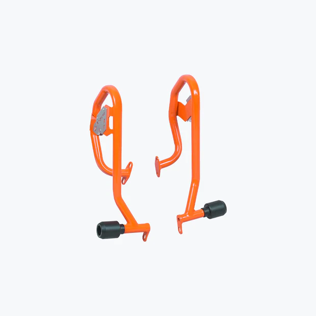 Legundary Defender Crash Guard Orange installed on KTM 390 Enduro R for engine protection