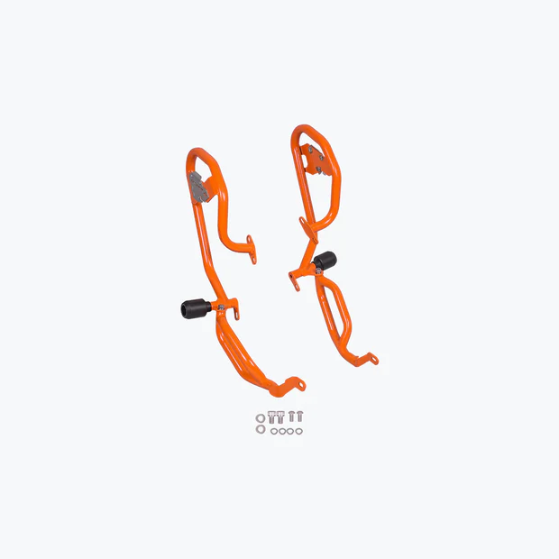 Legundary Defender Crash Guard Orange installed on KTM 390 Enduro R for engine protection